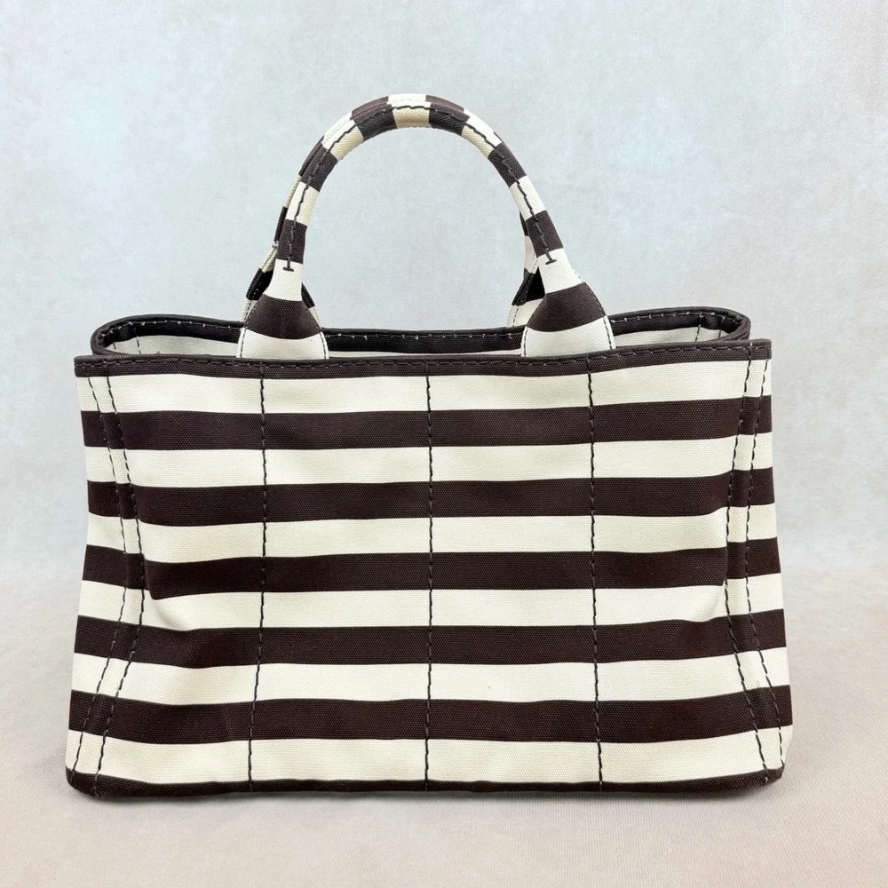 Prada Canapa Tote Chocolate Brown & Ivory Stripes w Strap + Dust Bags